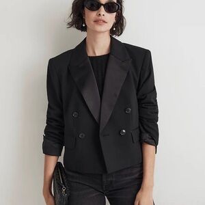 NWT Madewell Cropped Tuxedo Blazer Black Satin Peak Lapel Size 8